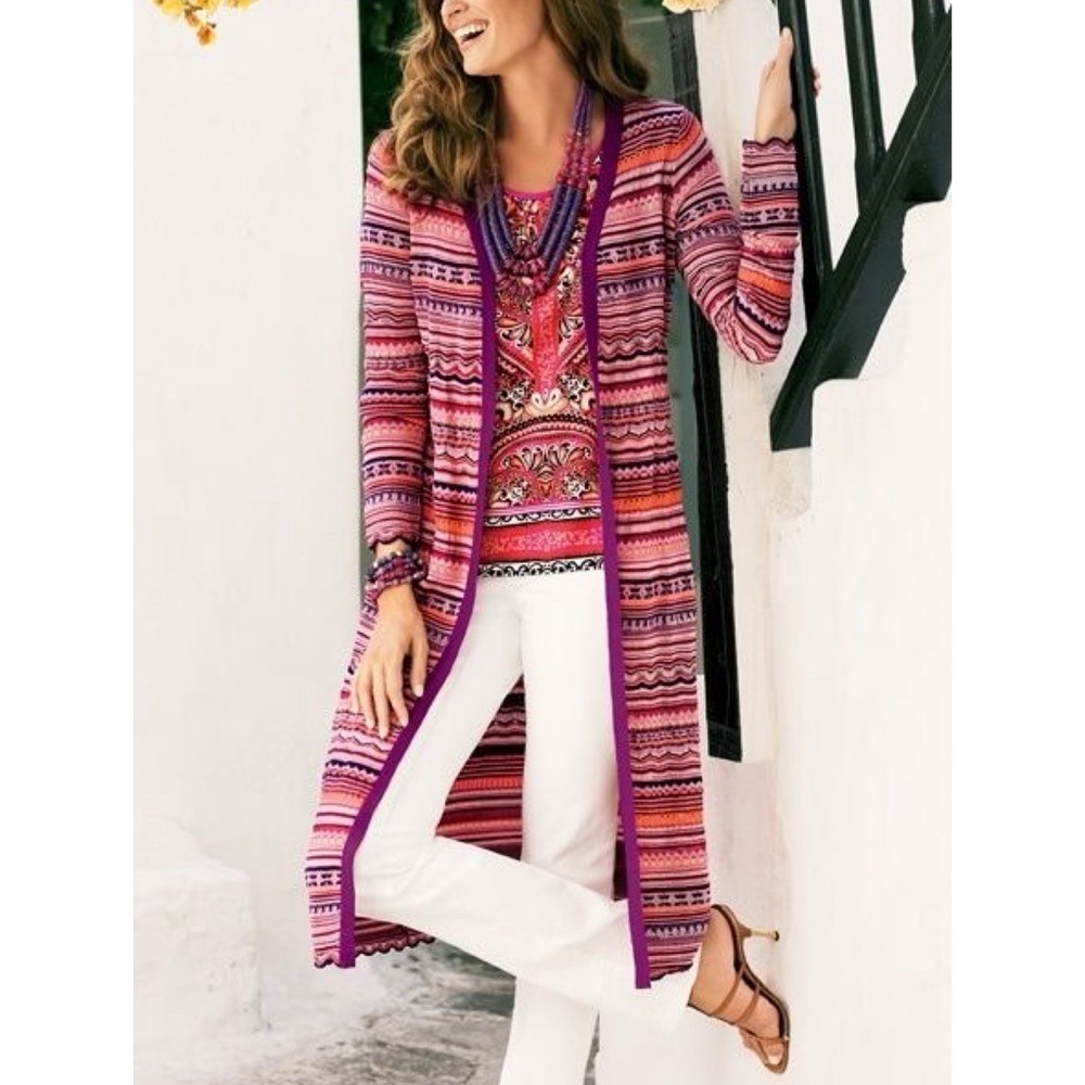 CHICO’S Zig-Zag Carly Duster Multicolored Chevron Knit Cardigan Size Medium